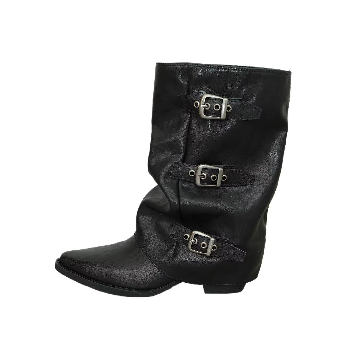 Women's Pointed Toe Middle Belt Buckle Chunky Knight Pleated Pile Women's Leather Boots