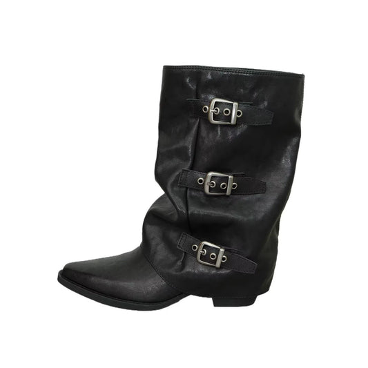 Women's Pointed Toe Middle Belt Buckle Chunky Knight Pleated Pile Women's Leather Boots