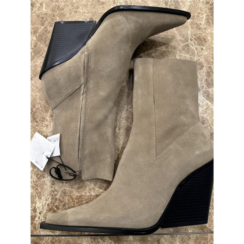 Pointed French Style High Female Khaki Western Cowboy Retro Heels