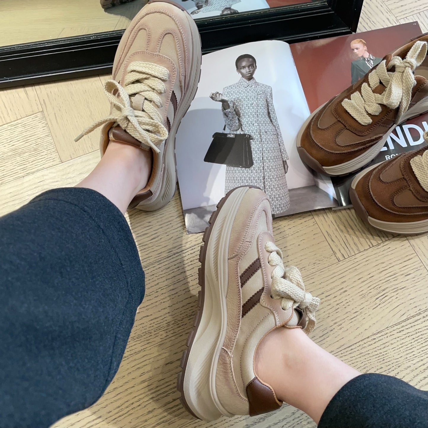 Women's Fashionable First Layer Cowhide Two Bars Thick Bottom Heightened Daddy Casual Shoes