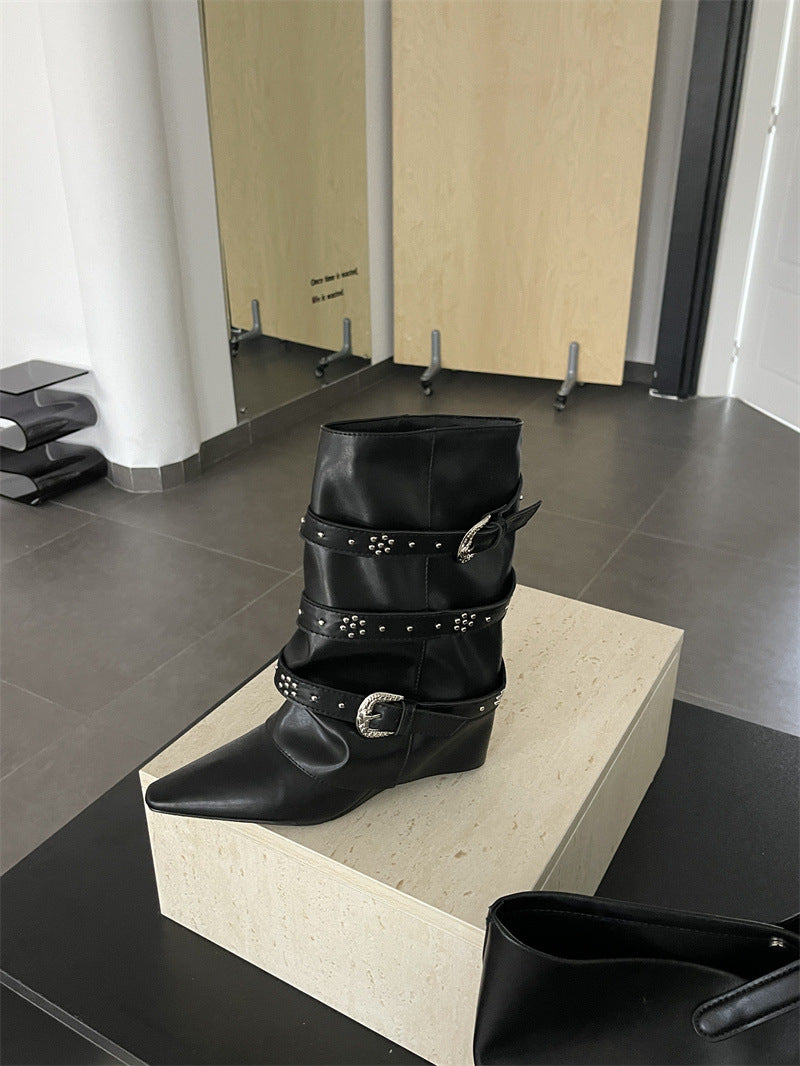 Ankle Fashionable Pointed Toe Wide Tube Slimming Belt Buckle Rivet Boots