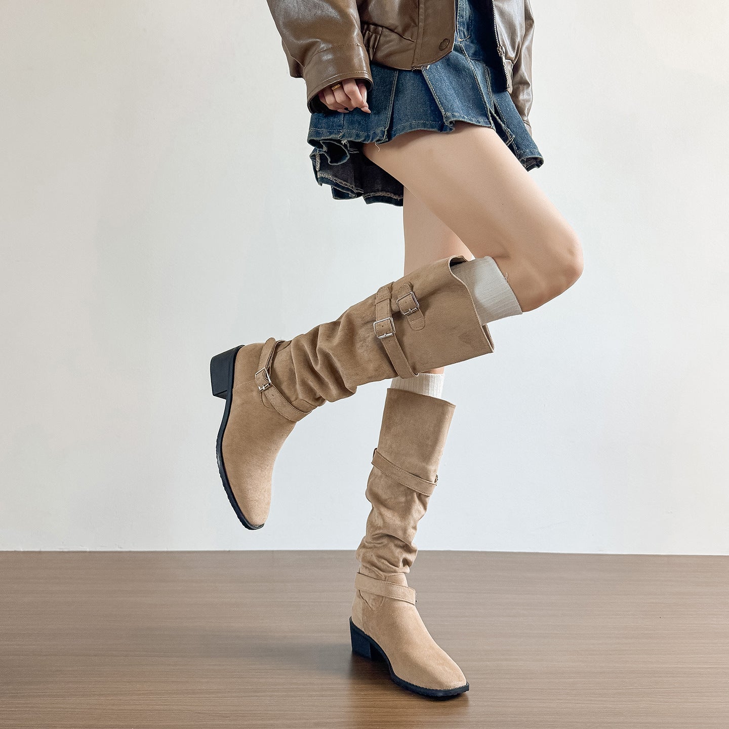 Women's Thick Black Below The Knee Pile Style Big Tube Circumference Women's Leather Boots