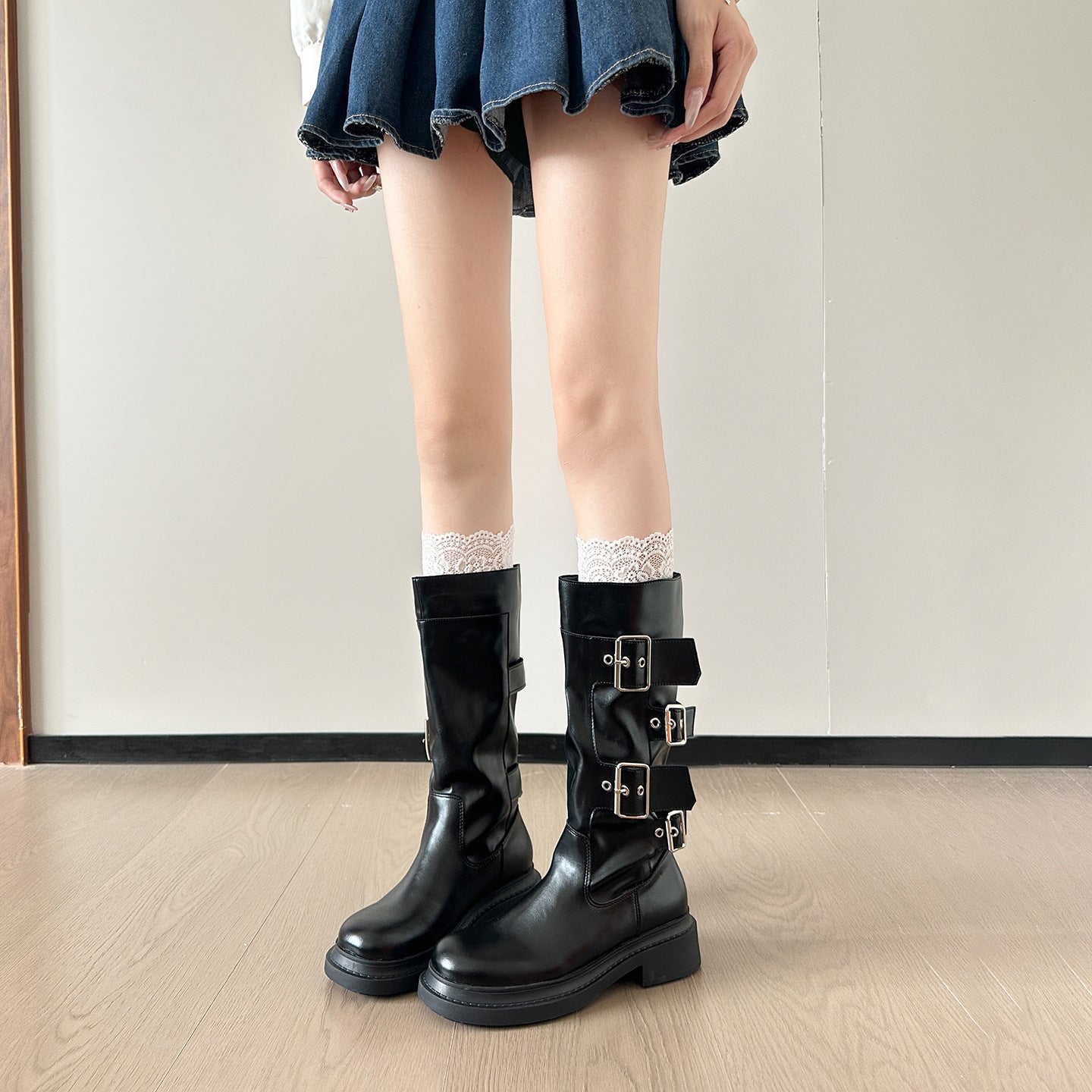 Women's Style Tube Knight Belt Buckle Thick Boots