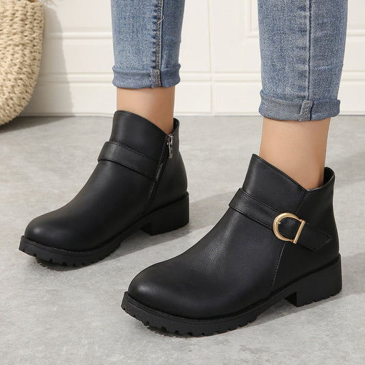 Women's Size Round Toe Side Zipper Chunky Ankle Boots