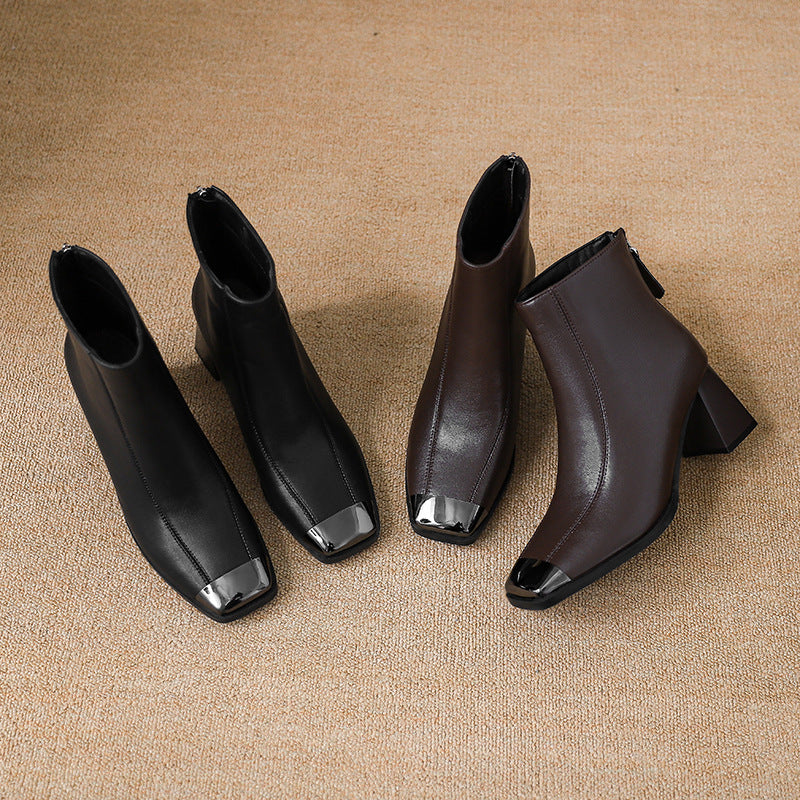 Women's Back Zipper Chunky Fashion Martin Style Metal Square Women's Leather Boots