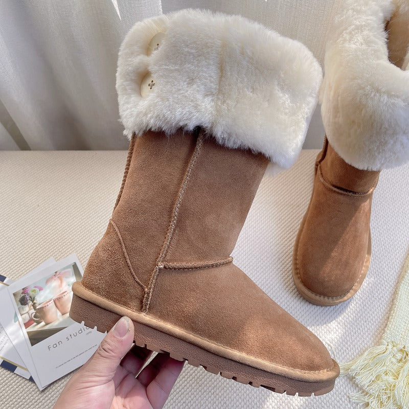 Button Two-way Female Winter Sheep Fur One Snow Boots