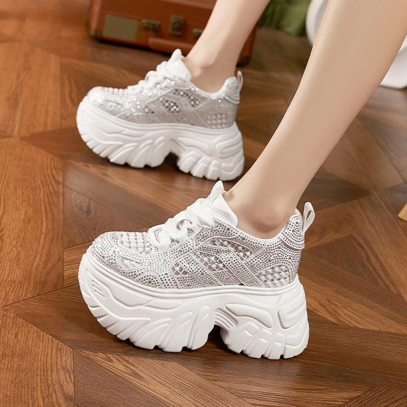 Women's Rhinestone Dad Summer Hollow Mesh Surface Versatile Thick Bottom Height Men's Shoes