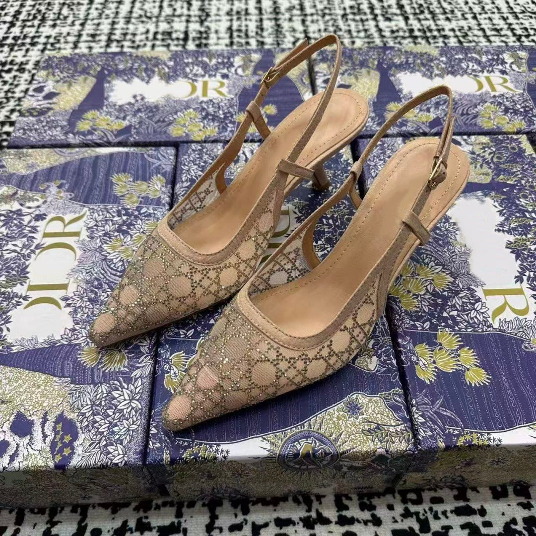 Women's Embroidery Knitted Back Empty Toe Cap Heels