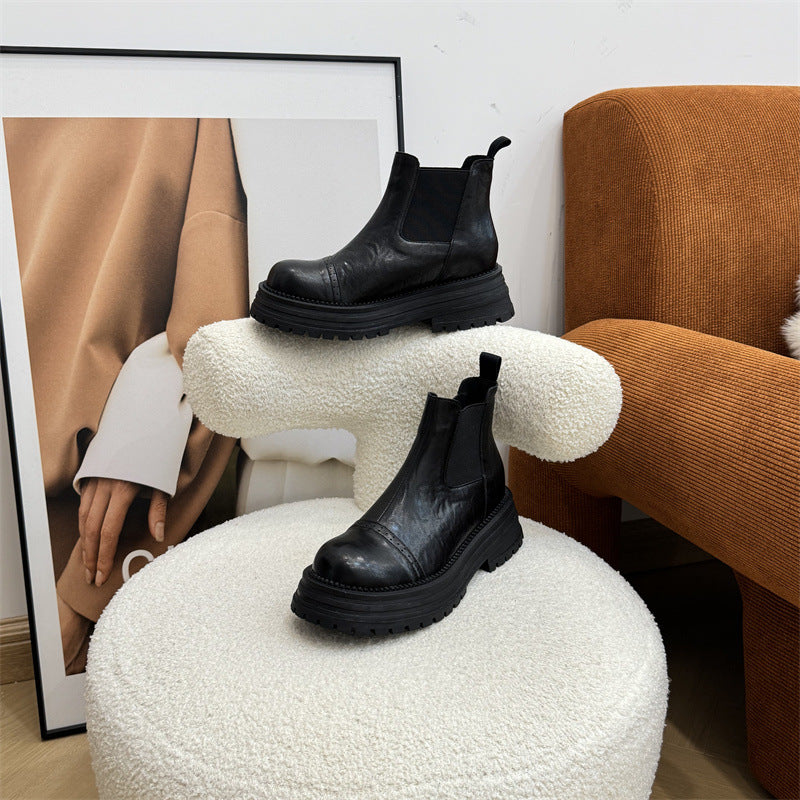 Women's Height Increasing Insole Round Toe Chelsea Autumn Women's Leather Boots