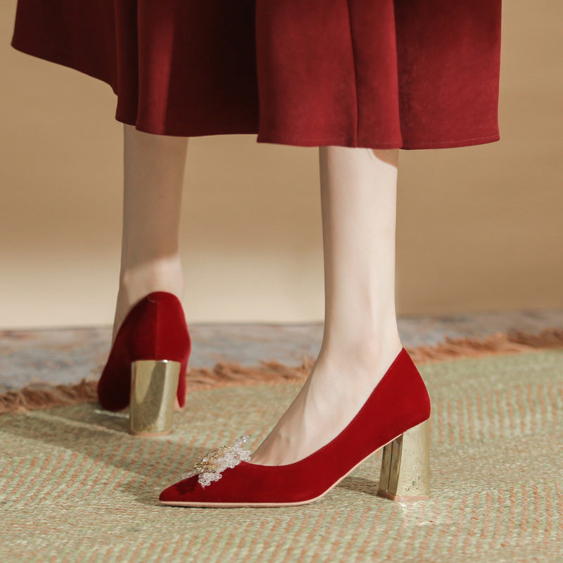 Chunky Pointed Toe Suede Red Wedding Bride Bridesmaid Women's Shoes