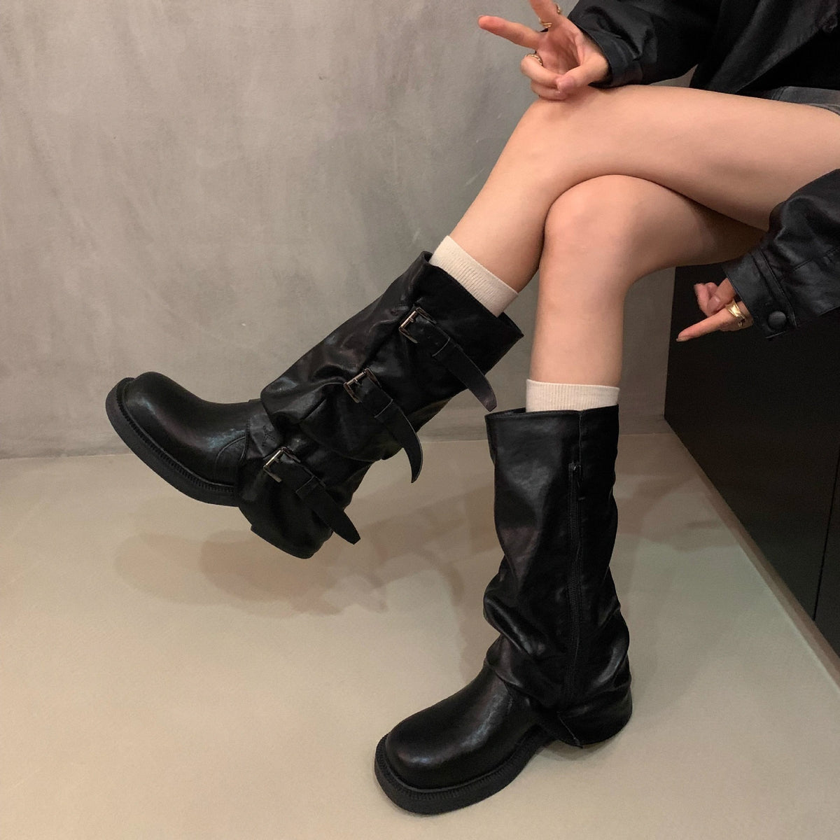 Bootleg Niche Retro Chunky Thigh High Western Cowboy Pile Style Boots
