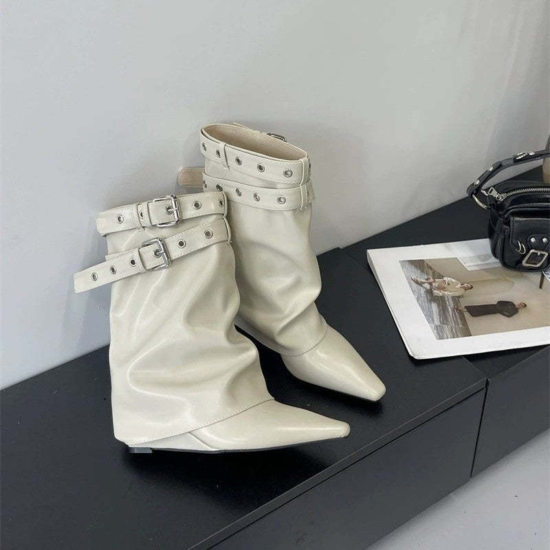 Women's Fashionable Fried Street Sexy Hot High Buckle Rivet Pants Heels