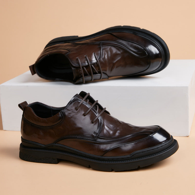 Men's First Layer Cowhide British Dress Fashion Lace Up Round Leather Shoes
