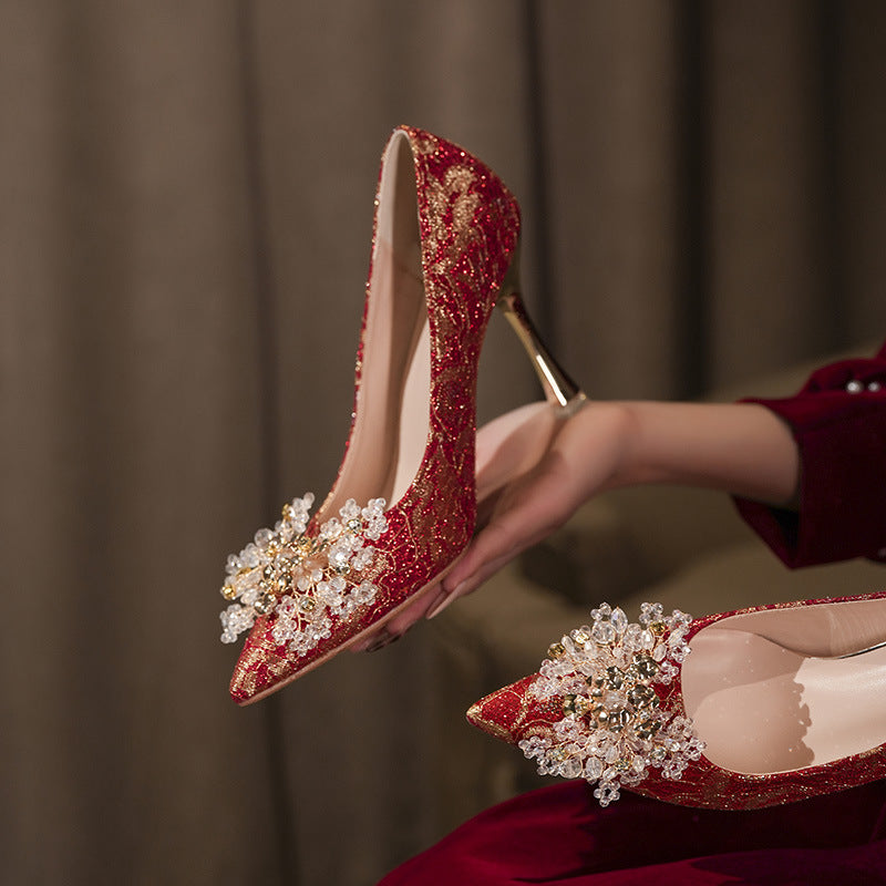 Women's Chinese Style Dress Red Wedding Stiletto High Bridal Plus Heels