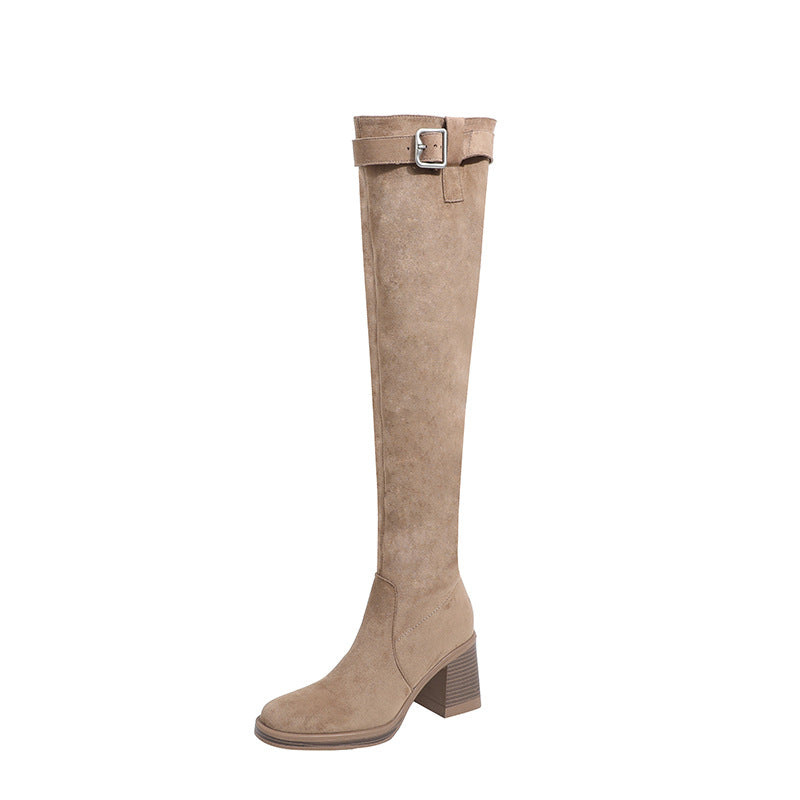 Women's Pile Style For V Cut Slimming Round Toe Thick High Women's Leather Boots