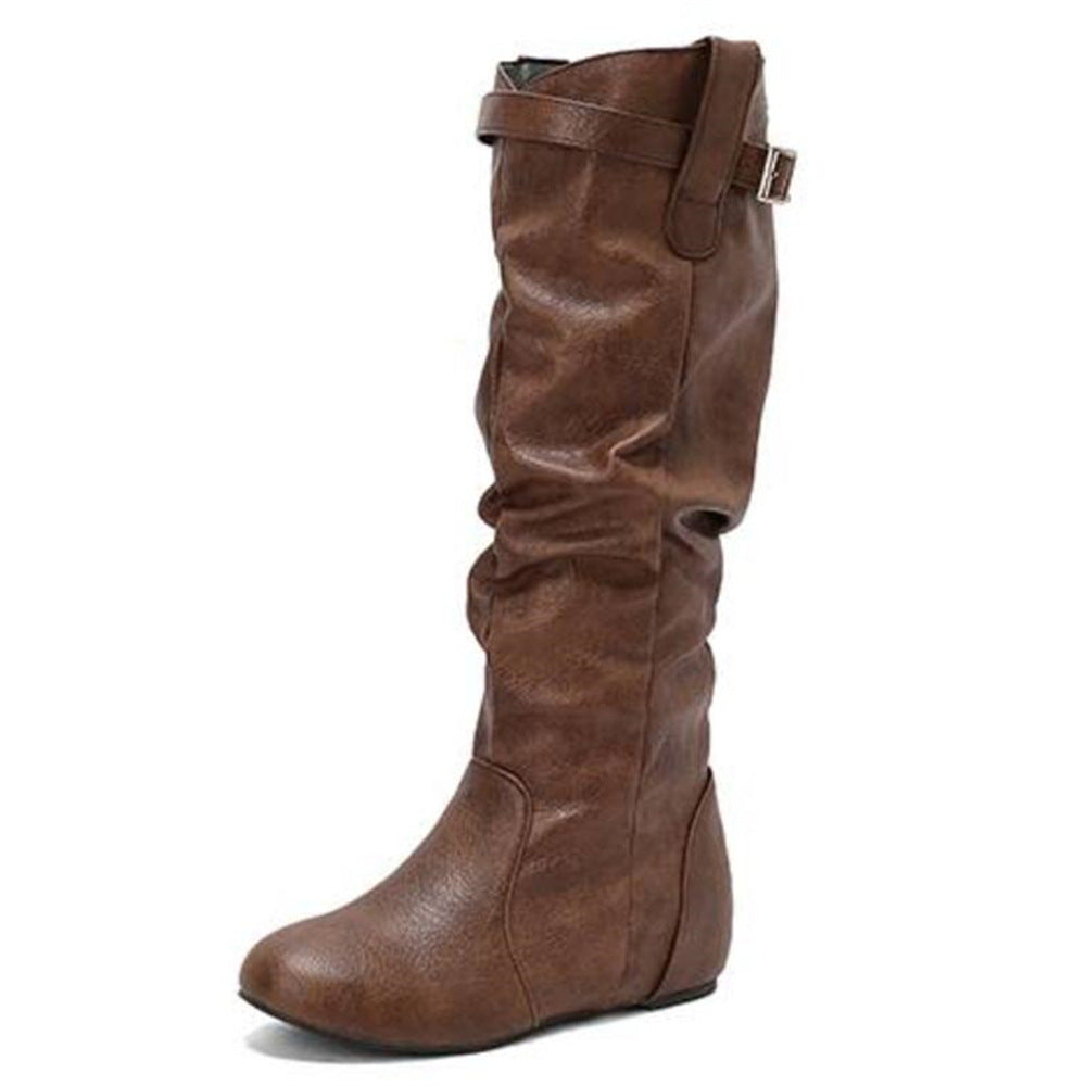 Women's Flat Solid Color Pleated Retro Boots