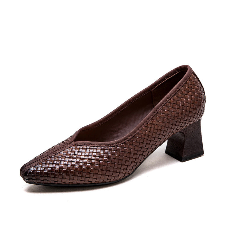 Weave Pointed Toe Low-heeled Shallow Mouth Casual Shoes