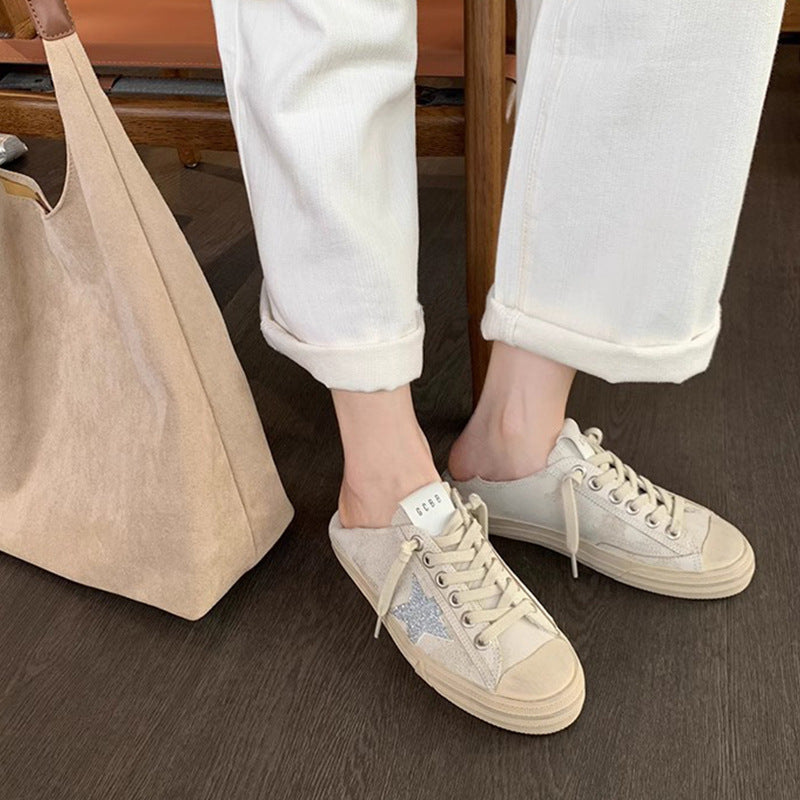 Cowhide Distressed Dirty Retro Lace Up Star Pattern Female Golden Women's Casual Shoes