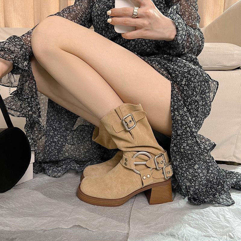 Women's Summer Thin Western Cowboy Platform Short Brown Middle Women's Leather Boots