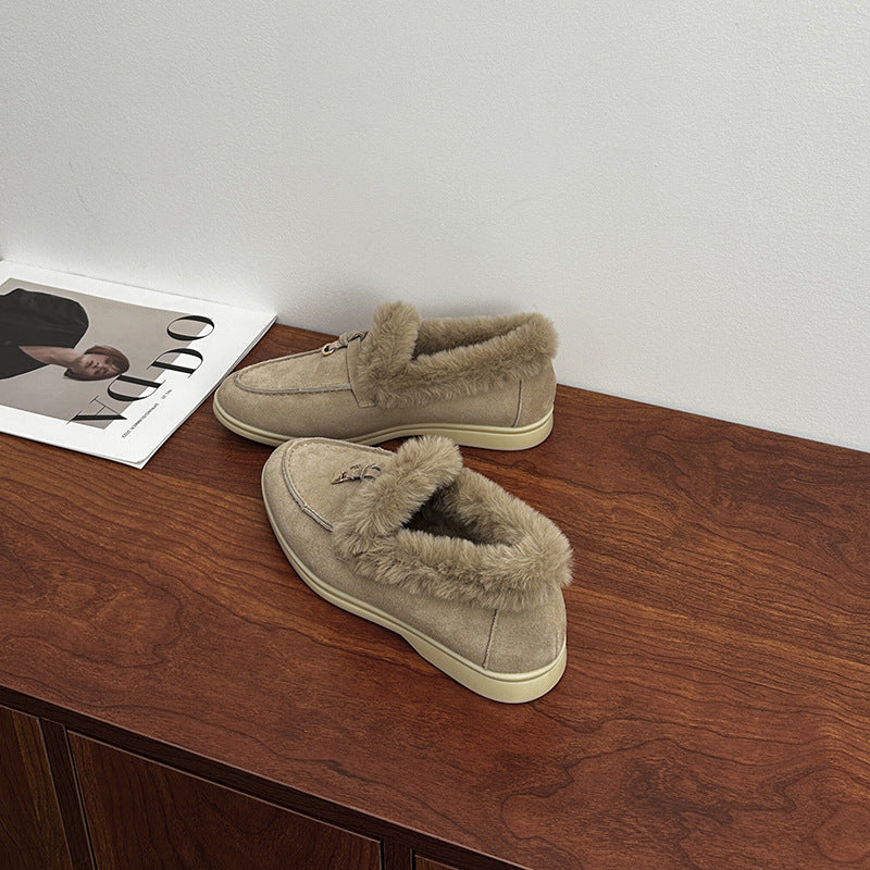 High Version Fleece-lined Closed Toe Wool Flat Loafers