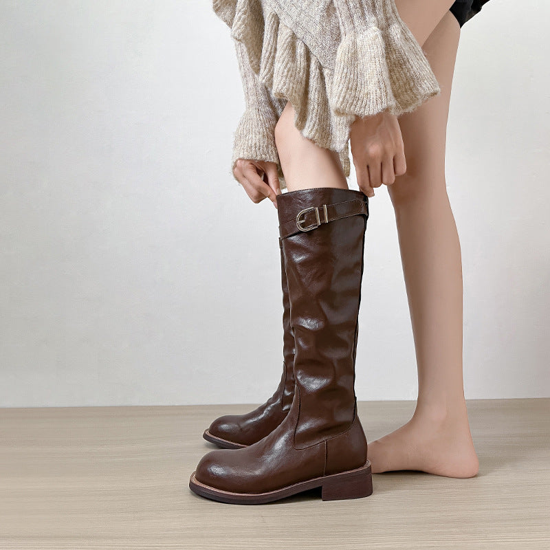 Thick Bottom Riding Plus Size Pleated Soft High Women's Leather Boots