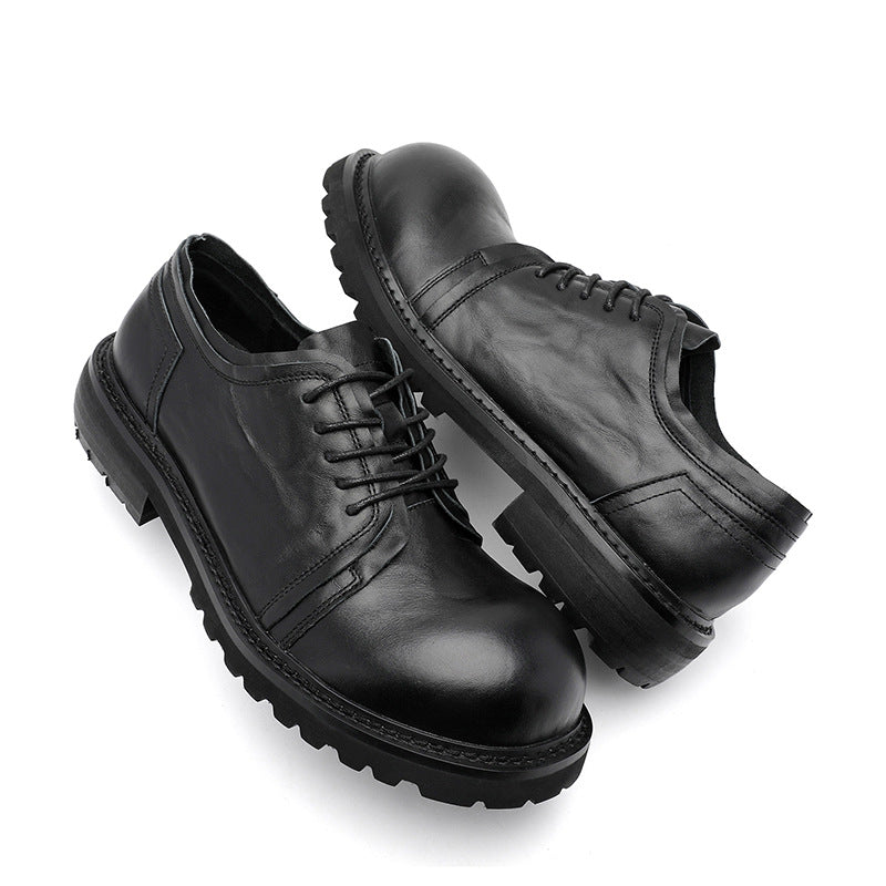 Men's Washed Cowhide Commuter Derby Pleated Warped Head Thick Bottom Increased Men's Casual Leather Shoes
