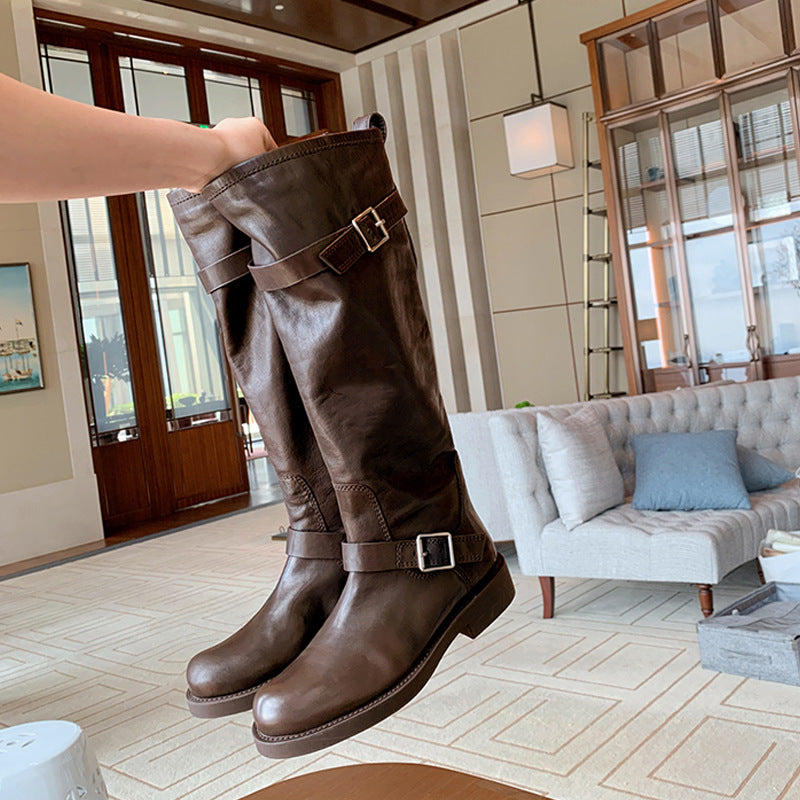 Head Fashionable Belt Buckle Chunky Long Female Women's Leather Boots