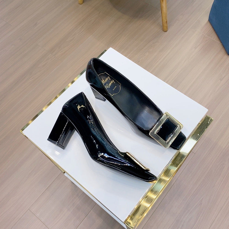 Women's Buckle Patent High Toe Low-cut Metal Temperament Heels