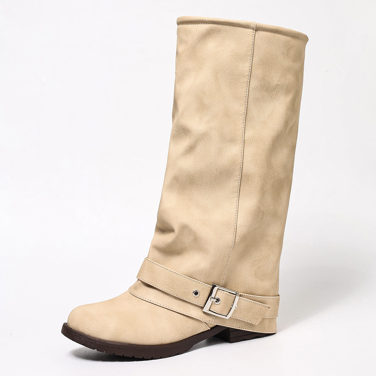 Women's Ankle Female Slip-on Round Head Knight Knee-high Belt Buckle Western Women's Leather Boots