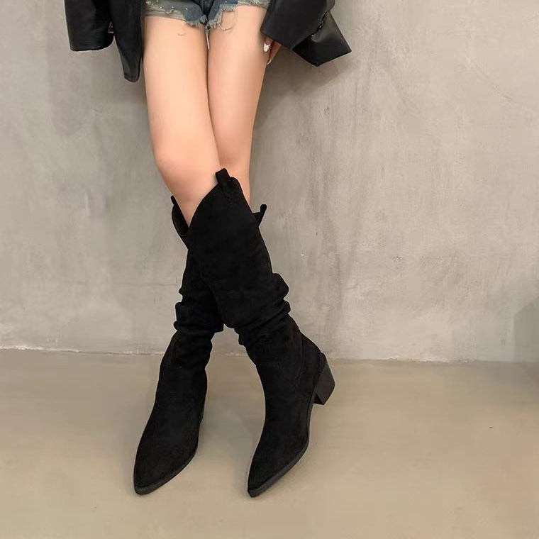 Style Retro Coffee Color Pile Western Cowboy High Leg Female Women's Leather Boots