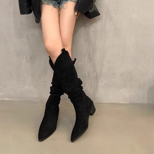 Style Retro Coffee Color Pile Western Cowboy High Leg Female Women's Leather Boots