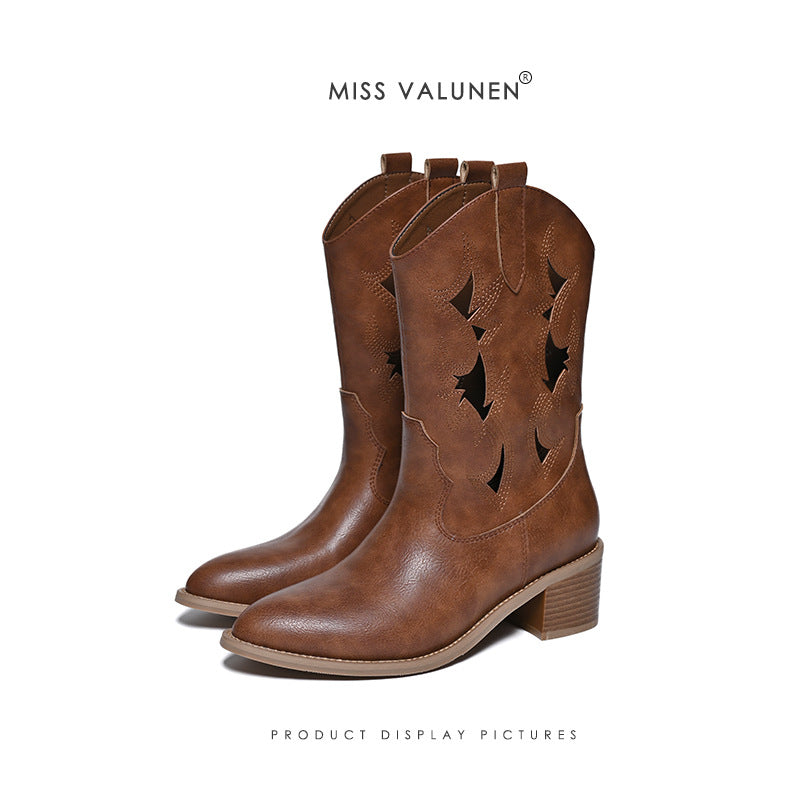 Women's Miss Warren Cowboy Pointed Toe Chunky Fashion Hollow Women's Leather Boots