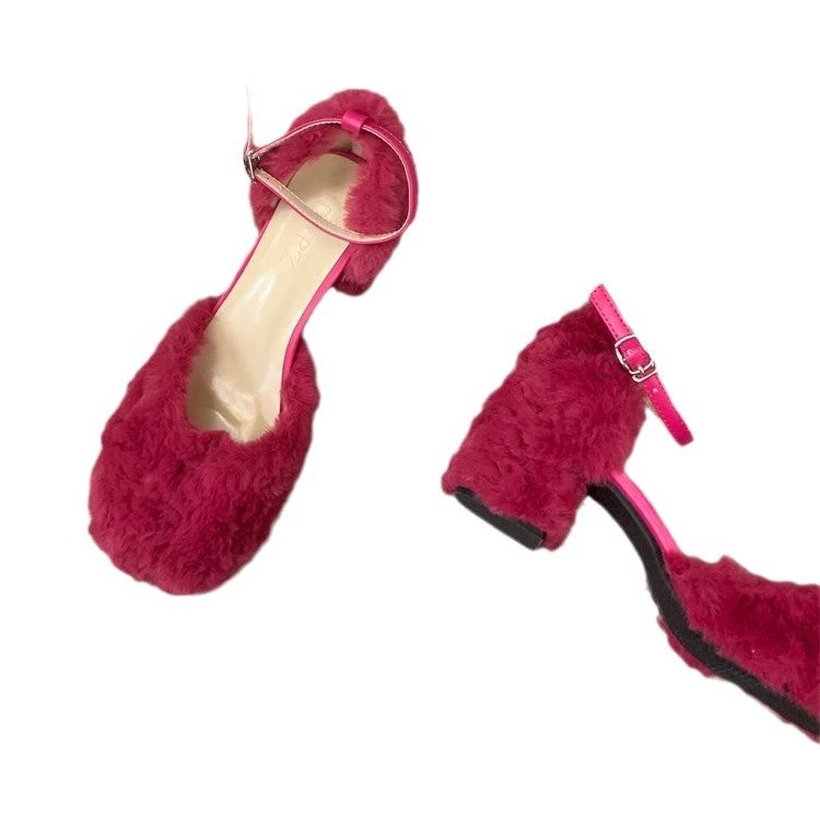 Women's Square Head Hollow Fluffy Fashionable Mary Jane Autumn Heels