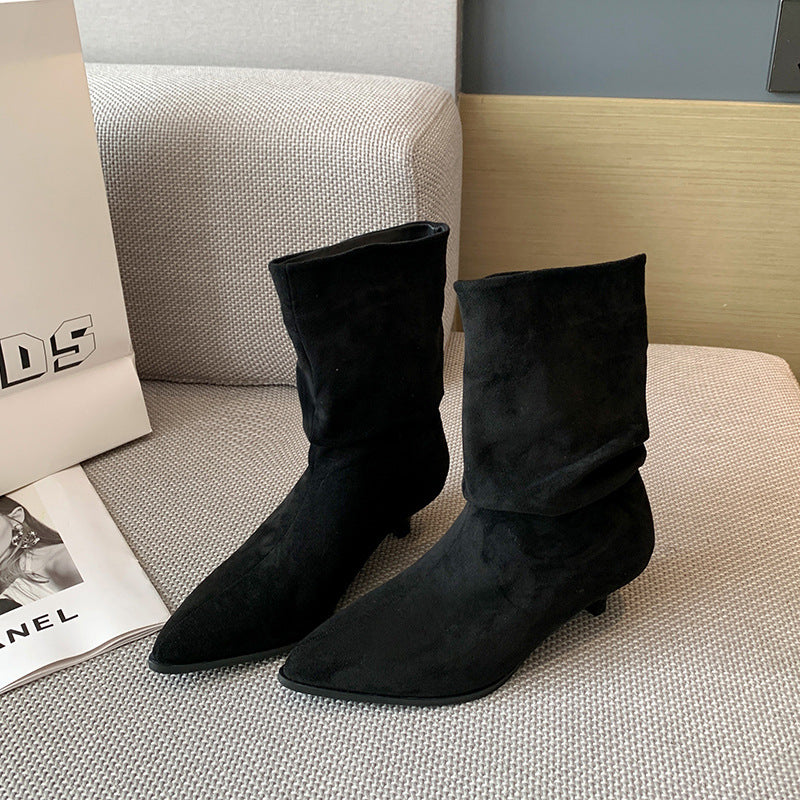 Women's Low Martin Suede Skinny French Booties Pile Men's Shoes