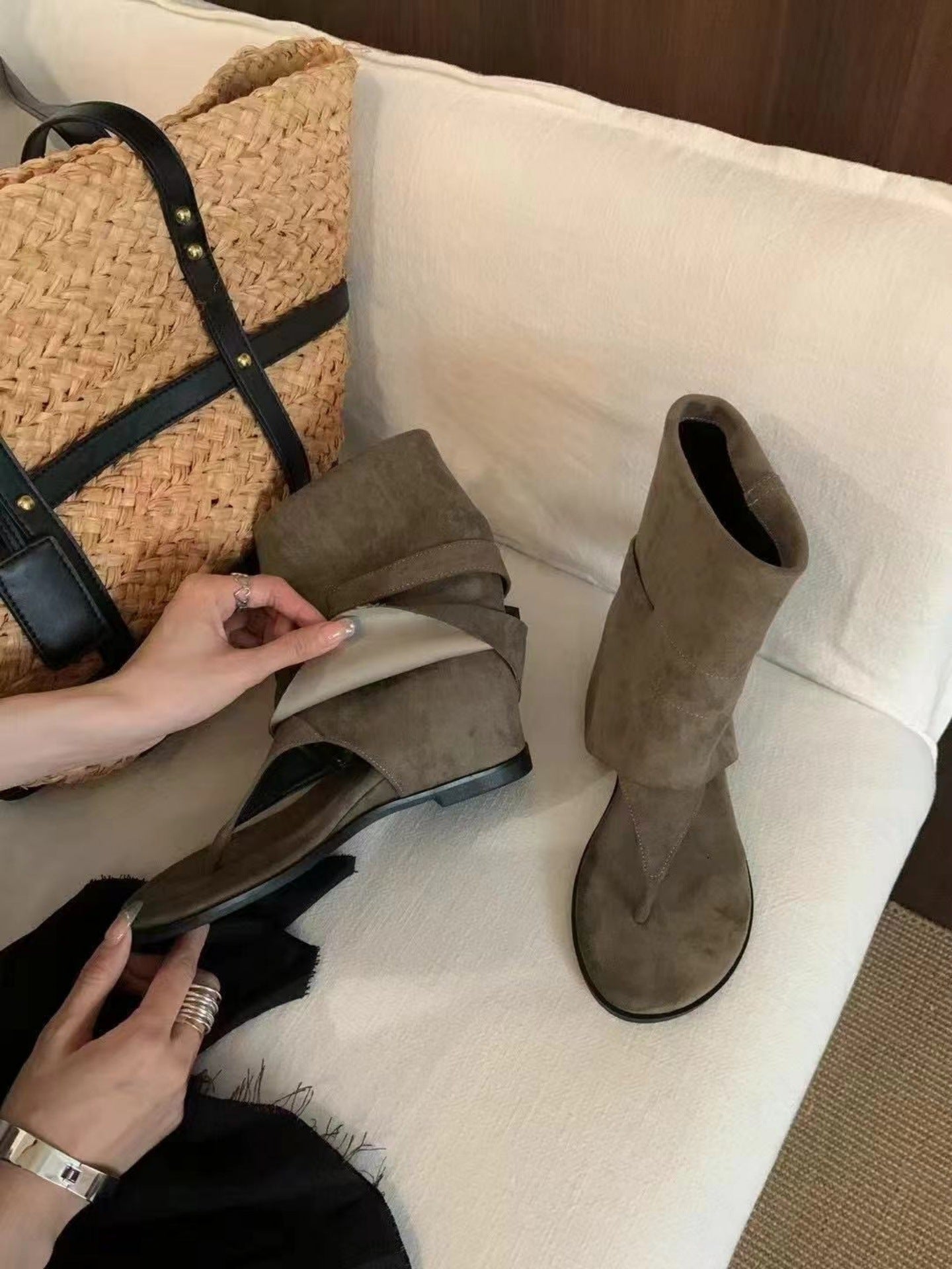Women's Increasing Insole Khaki Summer Travel Thin Pants Tube Little Women's Leather Boots