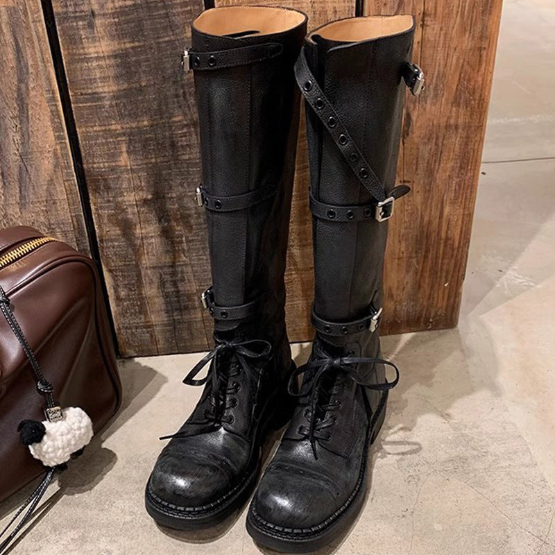 Belt Buckle Retro Chunky Tube Knight Boots