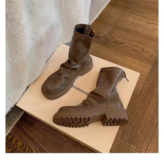 Women's Platform Skinny Round Toe Pleated Back Zipper Boots