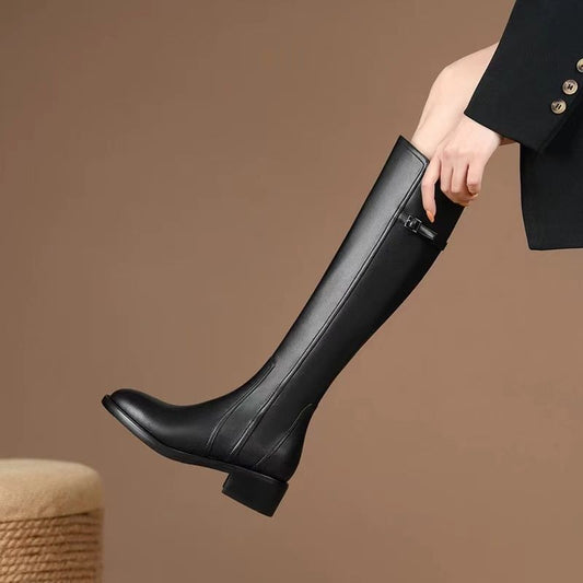 Women's Retro Brown Square Toe Chunky Below The Knee Side Heels