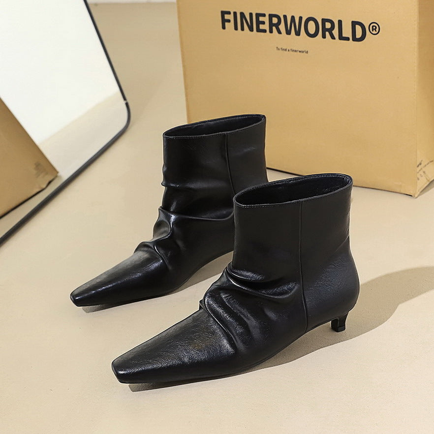 Women's Pointed Toe Stiletto Retro Lazy Style Pleated Fashion Pile French Women's Leather Boots