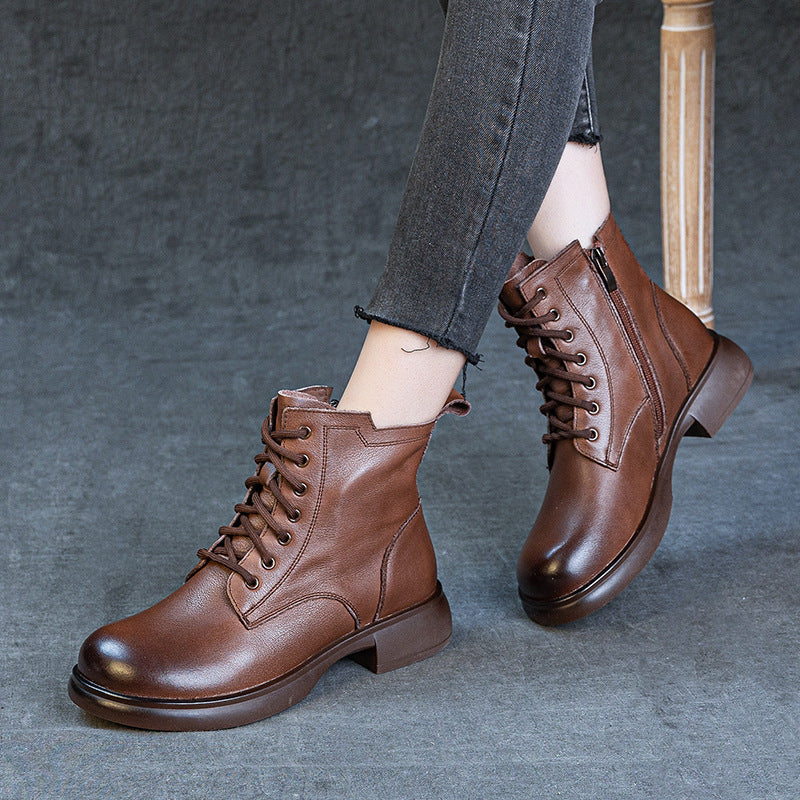 Women's First Layer Cowhide British Style Vintage Martin Fleece-lined Thick Boots