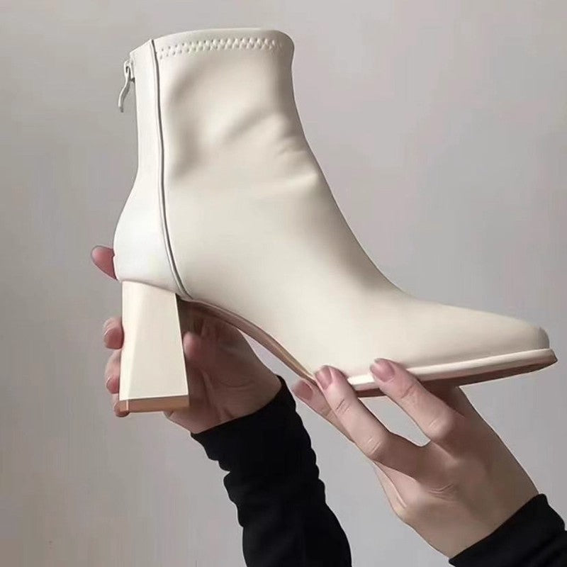 Women's Beige French Style Temperament Gas Field High Women's Leather Boots