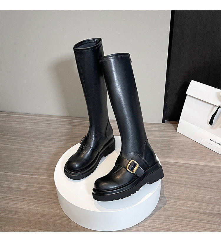 Women's Insole Raise The Bottom Martin Long Round Toe Fried Street Women's Leather Boots