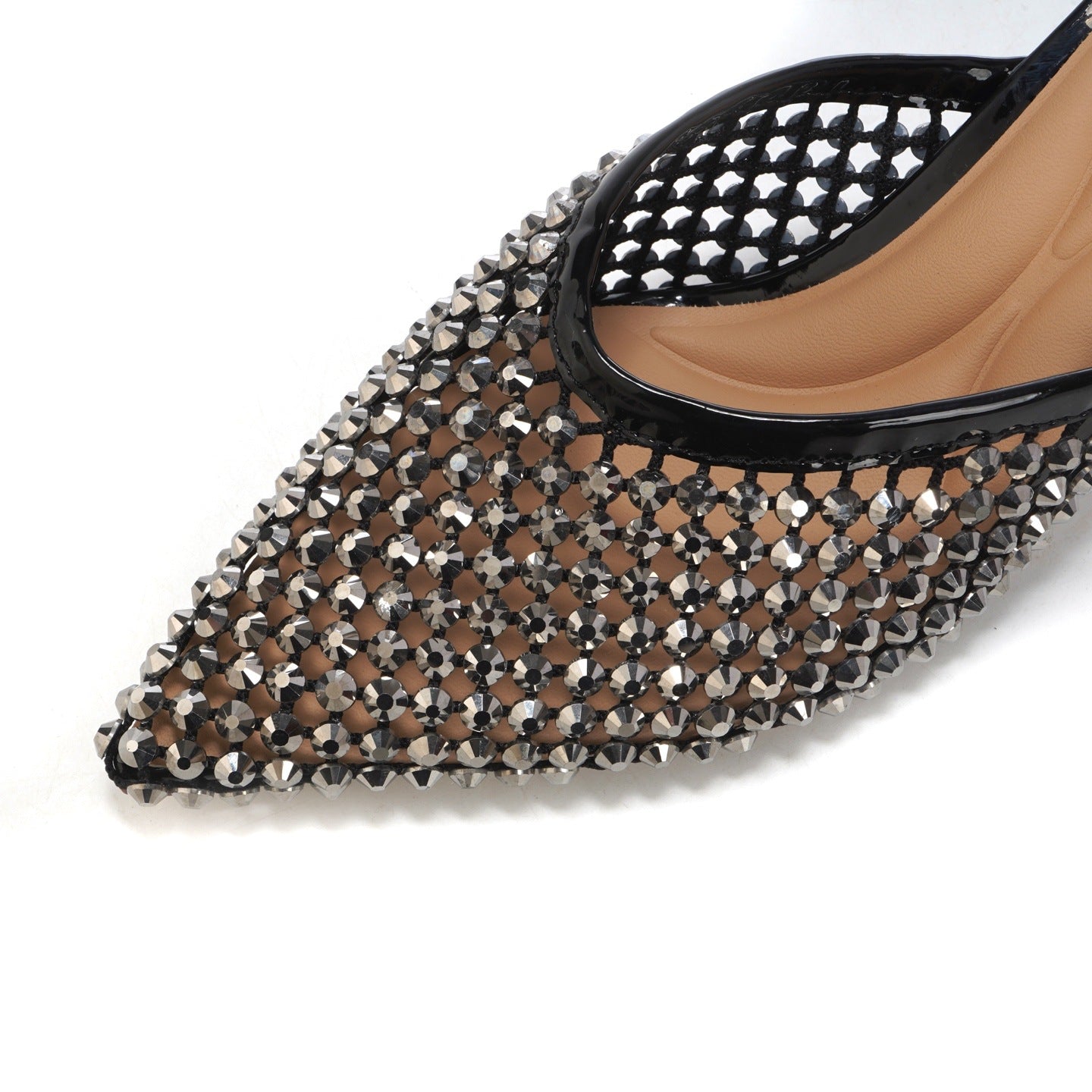 Women's Style Pointed Stiletto Summer Rhinestone Mesh Half Closed High Heeled Sandals
