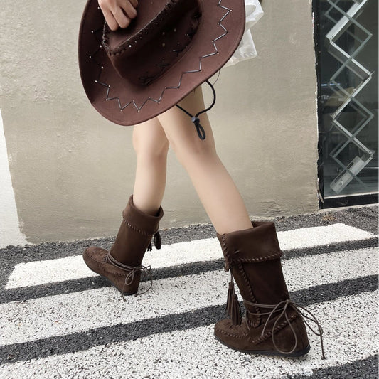 White Slimming Lace Up Inner Elevator Slim Fit Tassel Boots