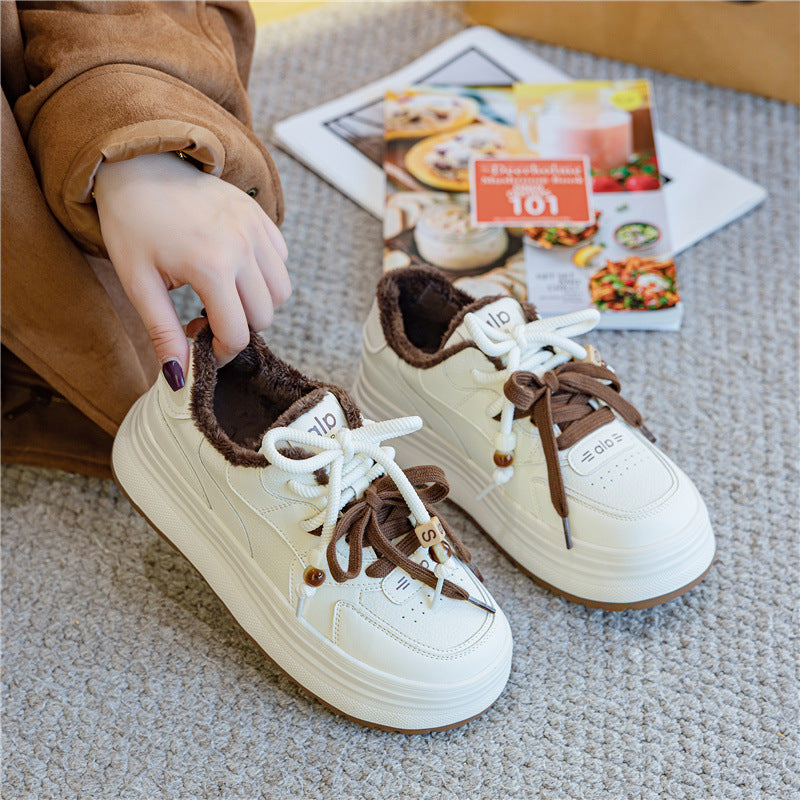 Women's Large Size Thick Bottom Fleece-lined White Winter Warm Sports Skate Women's Cotton Shoes