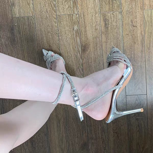 Women's Cross Sparkling Rhinestones Pointed Toe Cap Fairy Style Stiletto Roman High Heeled Sandals