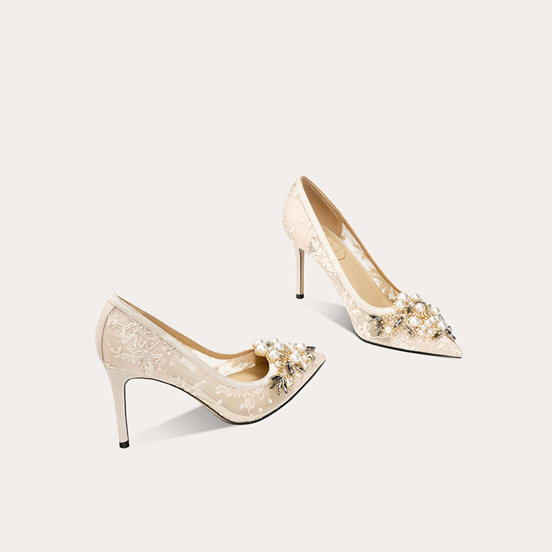 Women's Style Embroidered Mesh Stiletto Bridal Dress Sheepskin Pointed Women's Fashion Shoes