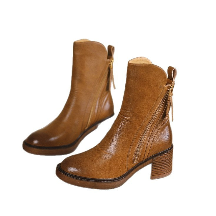 Women's Large Size Retro Length Side Zipper Martin Women's Leather Boots