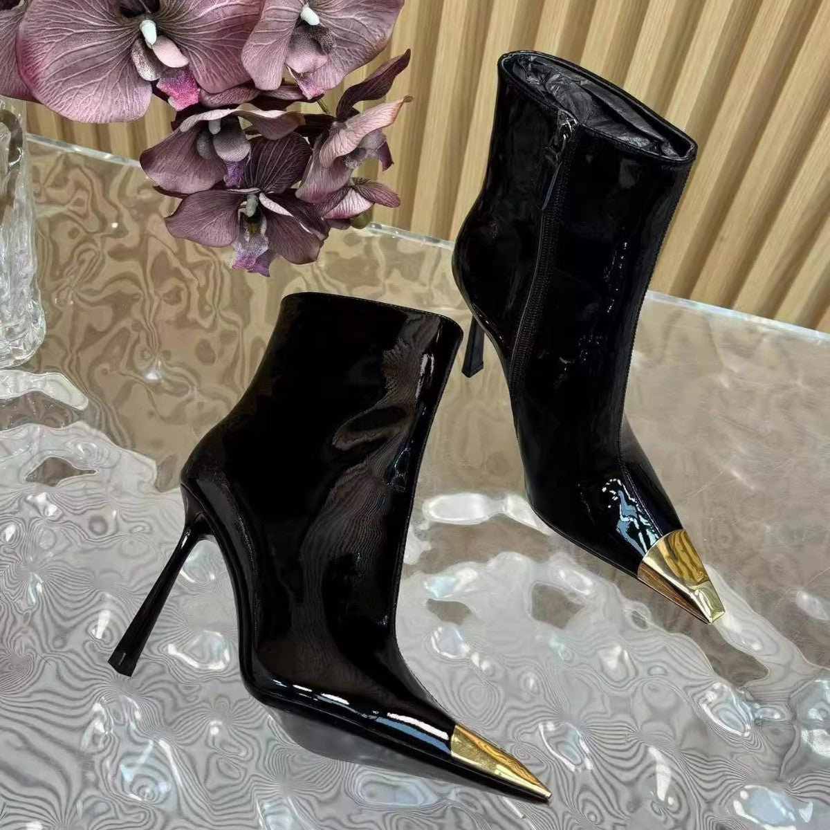 Women's Pu Pointed Toe Black High-heeled Short Stiletto Not Tired Feet Women's Leather Boots