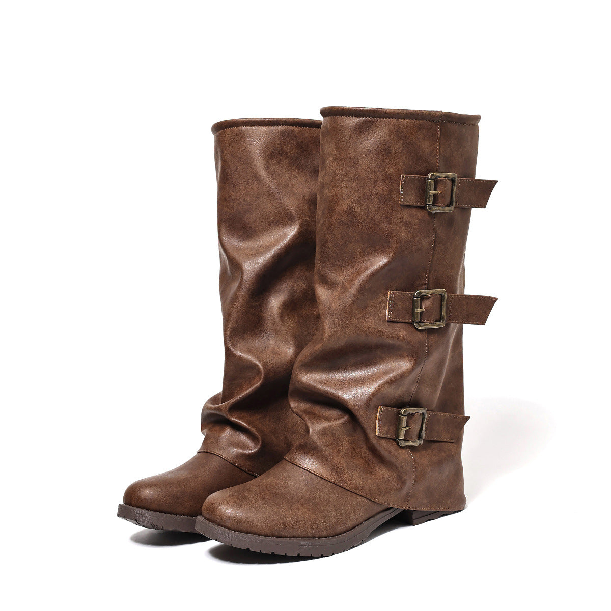 Style Pleated Female Knight Knee-high Brass Women's Leather Boots